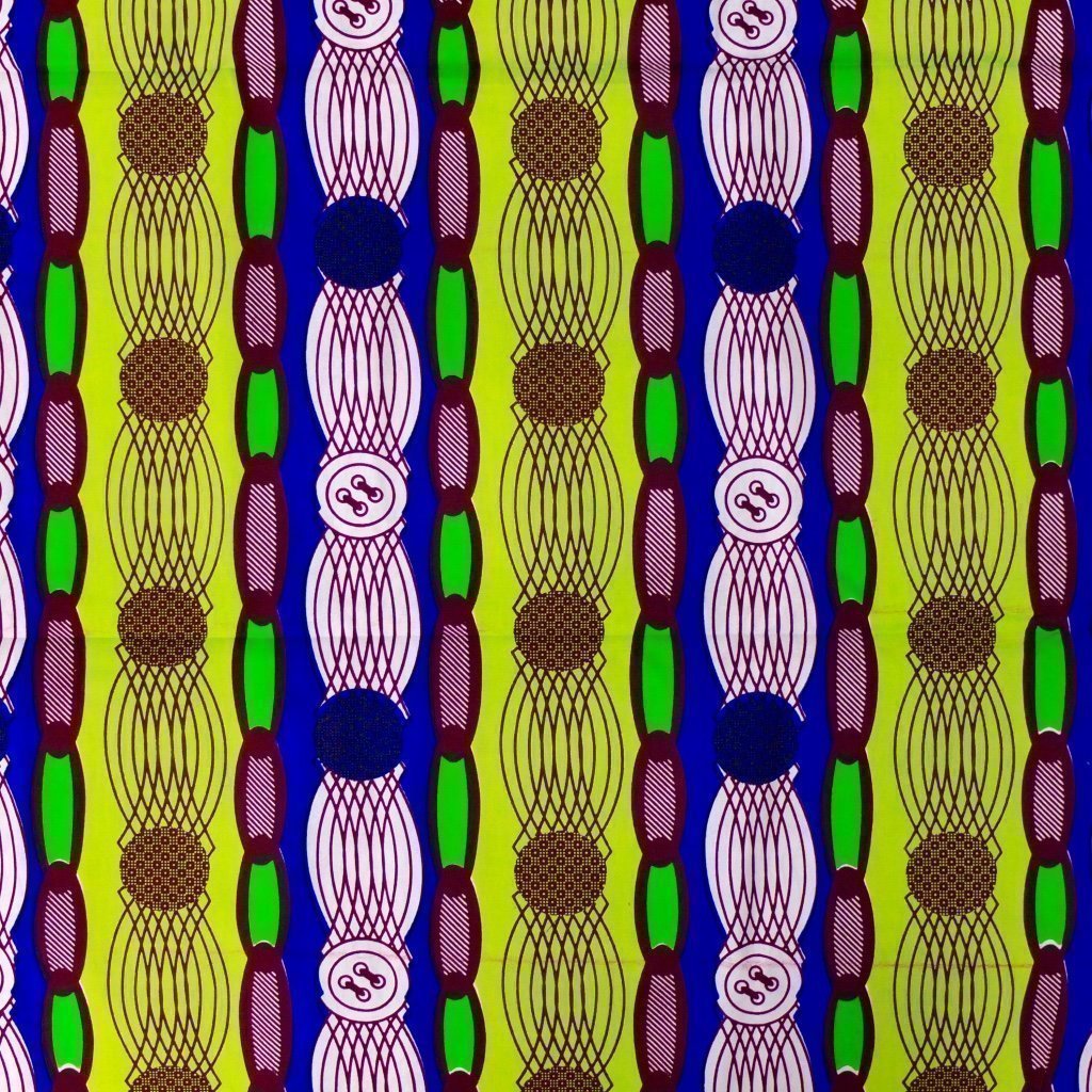 Tissu Wax Africain n°80 Bleu Motifs géométriques verts