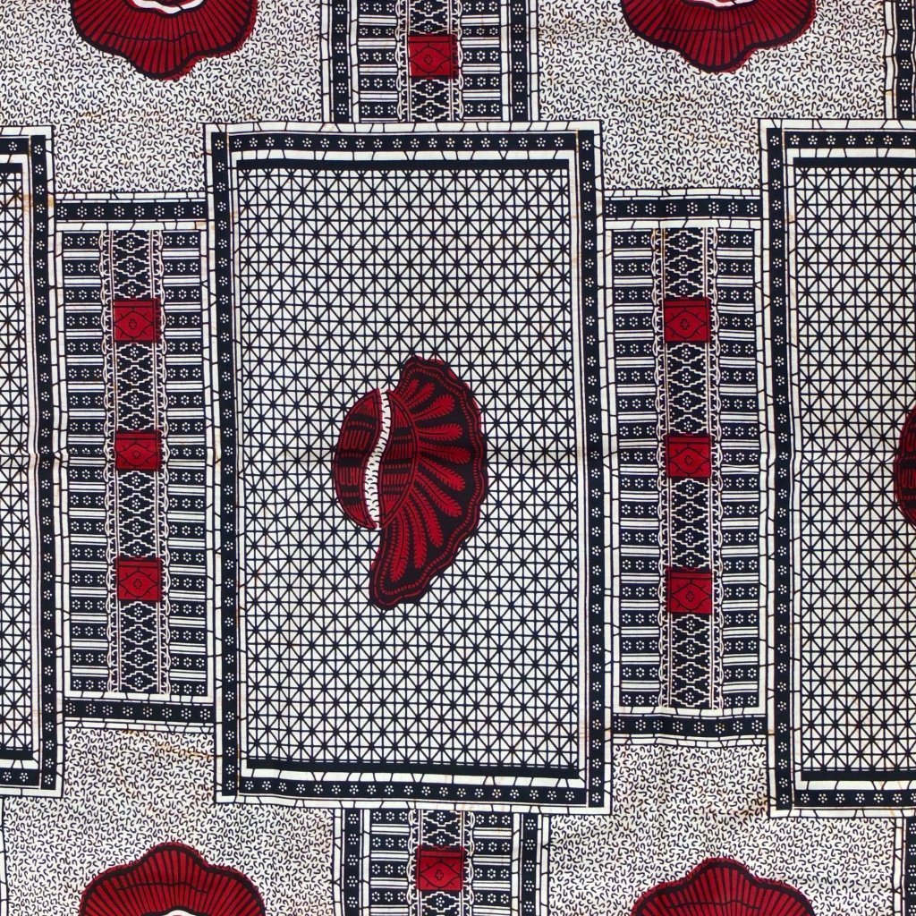 Tissu Wax Africain n°81 Blanc et noir Fleurs rouges