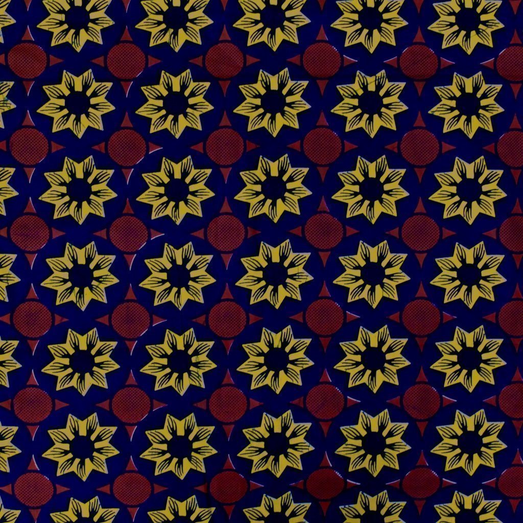Tissu Wax Africain n°82 Bleu marine Soleils jaunes