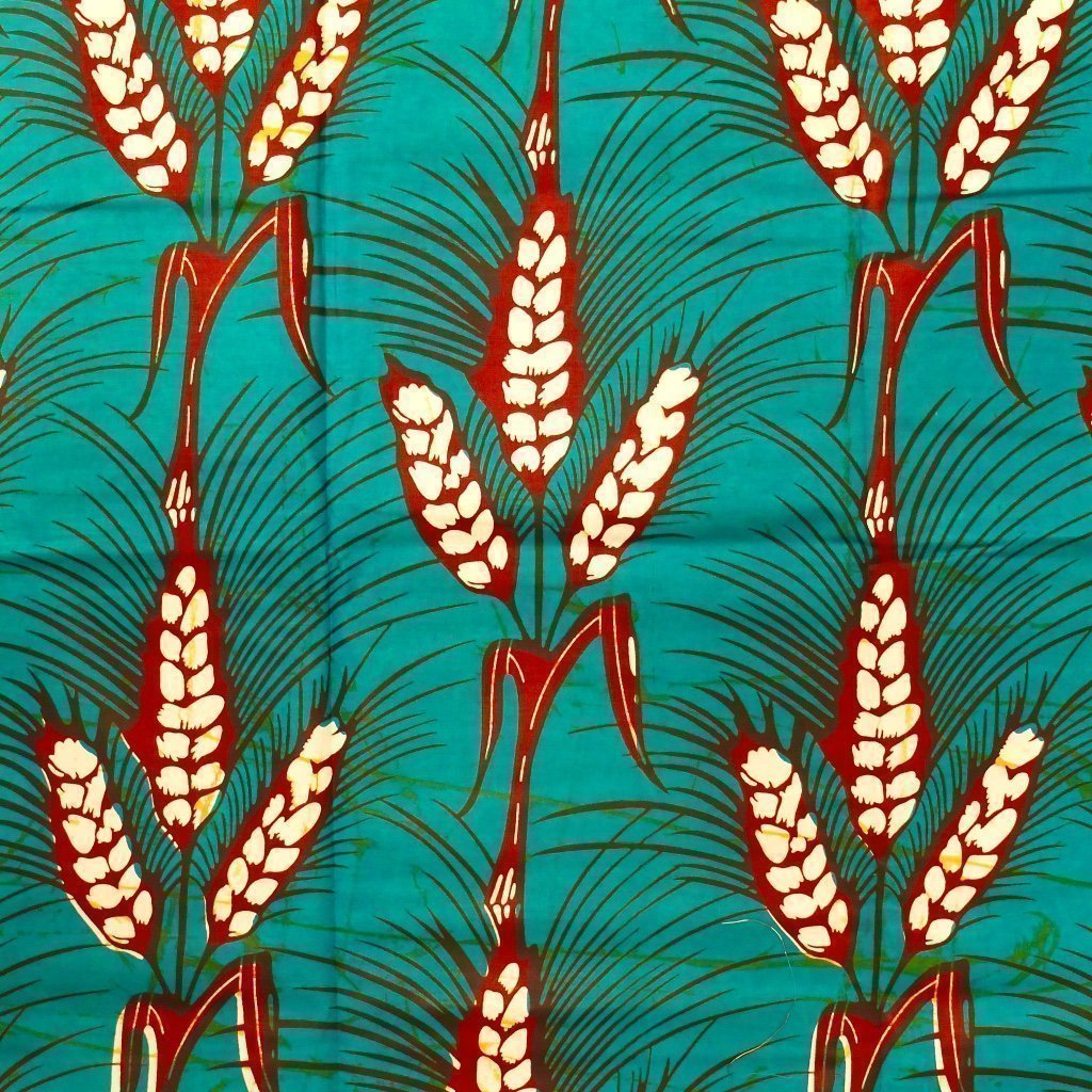 Tissu Wax Africain n°83 Turquoise Blés bordeaux et bancs
