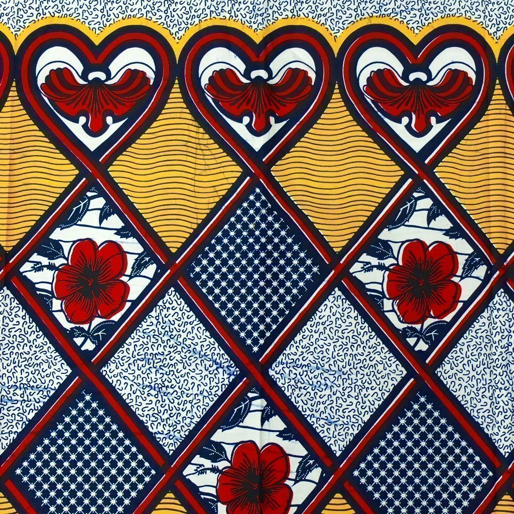 Tissu Wax Africain n°84 Jaune Cœurs rouges et blancs