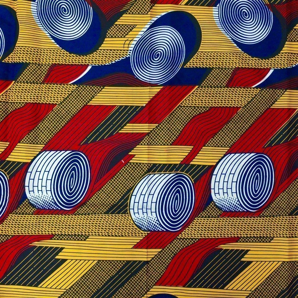 Tissu Wax Africain n°85 Bleu marine Motifs géométriques rouges, jaunes et blancs