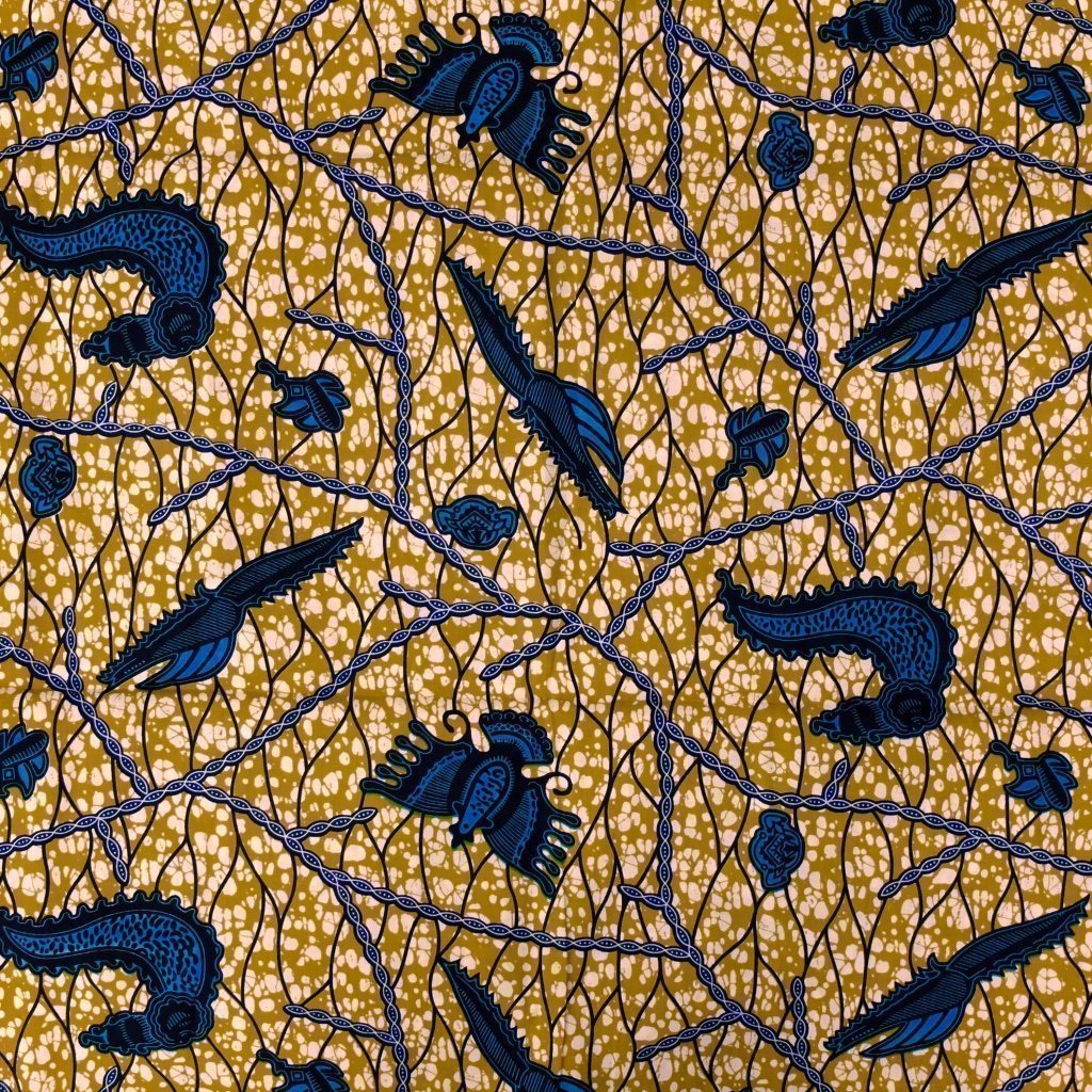 Tissu Wax Africain n°87 Marron clair Fleurs bleues