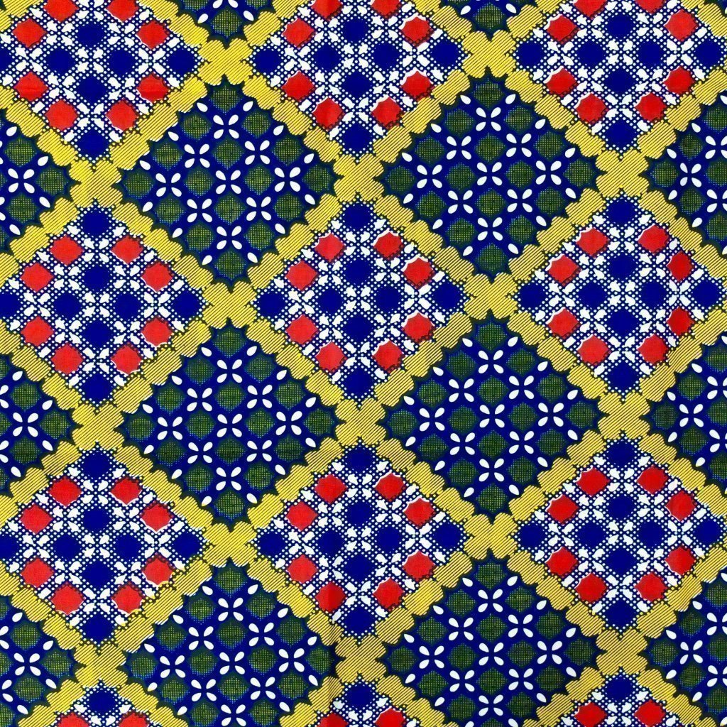 Tissu Wax Africain n°88 Bleu marine Motifs géométriques rouges et jaunes