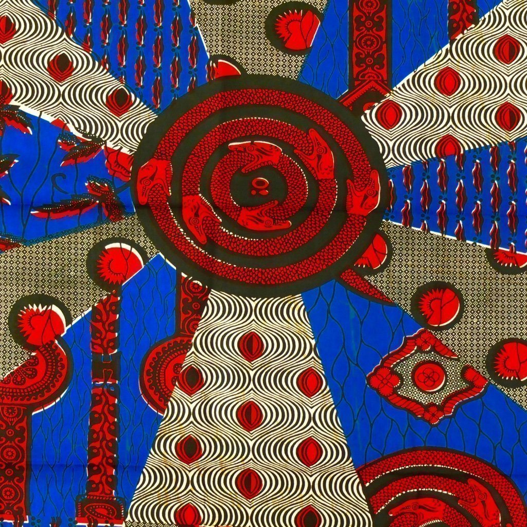 Tissu Wax Africain n°89 Bleu et blanc Fleurs noires et rouges