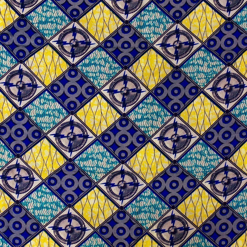 Tissu Wax Africain n°90 Bleu Motifs géométriques bleus turquoise et jaunes