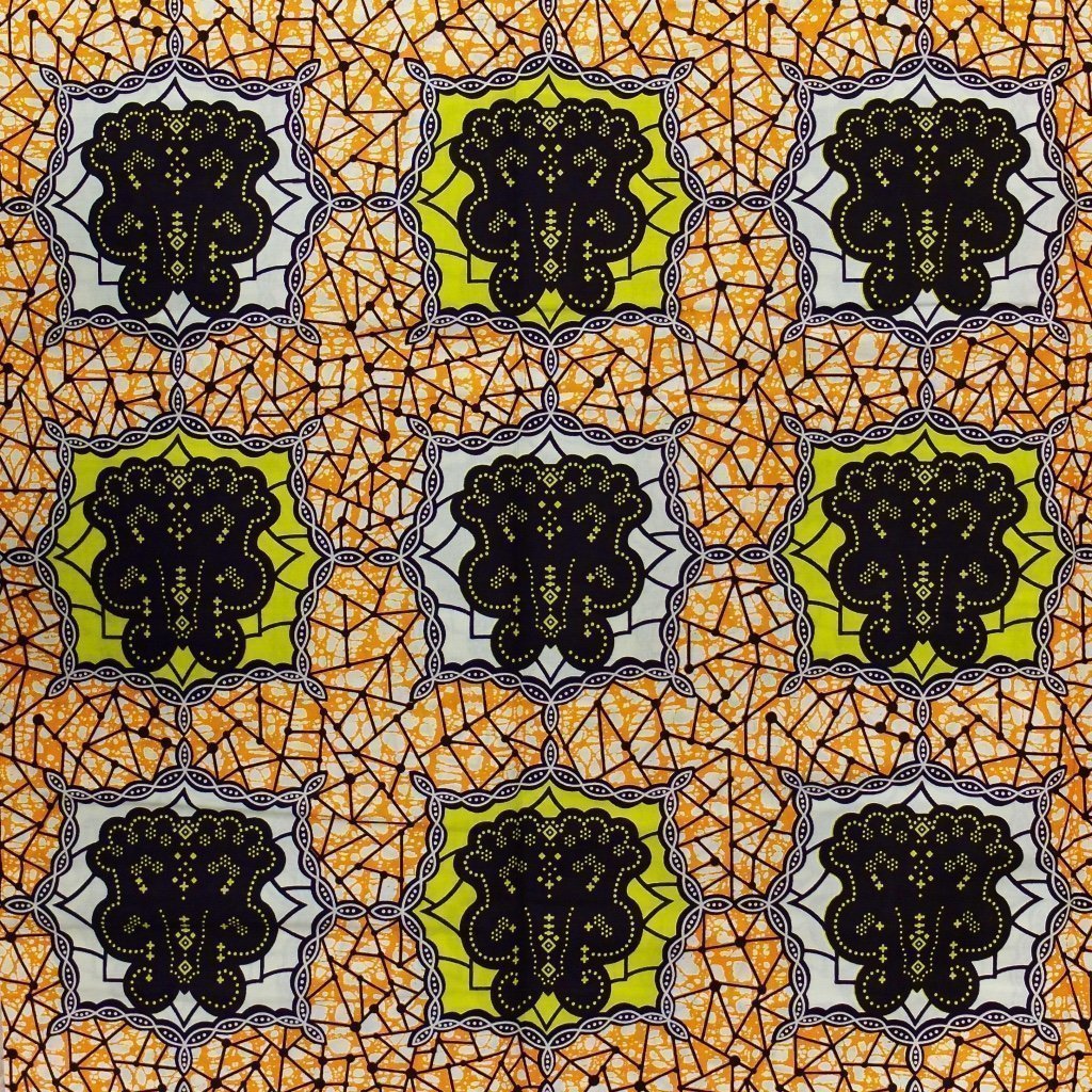 Tissu Wax Africain n°97 Orange Motifs géométriques beiges, marrons et jaunes