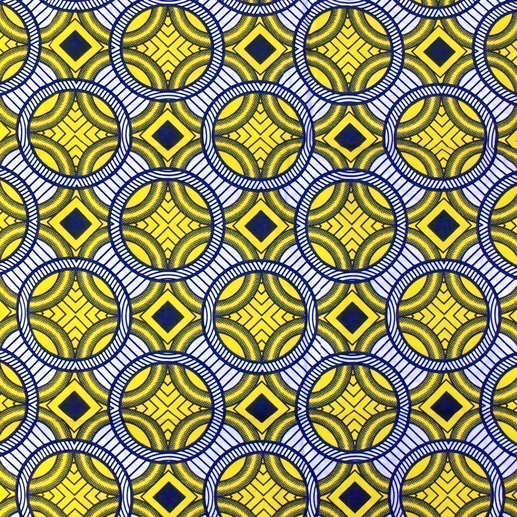 Tissu Wax Africain n°99 Blanc Motifs géométriques jaunes et bleus marine