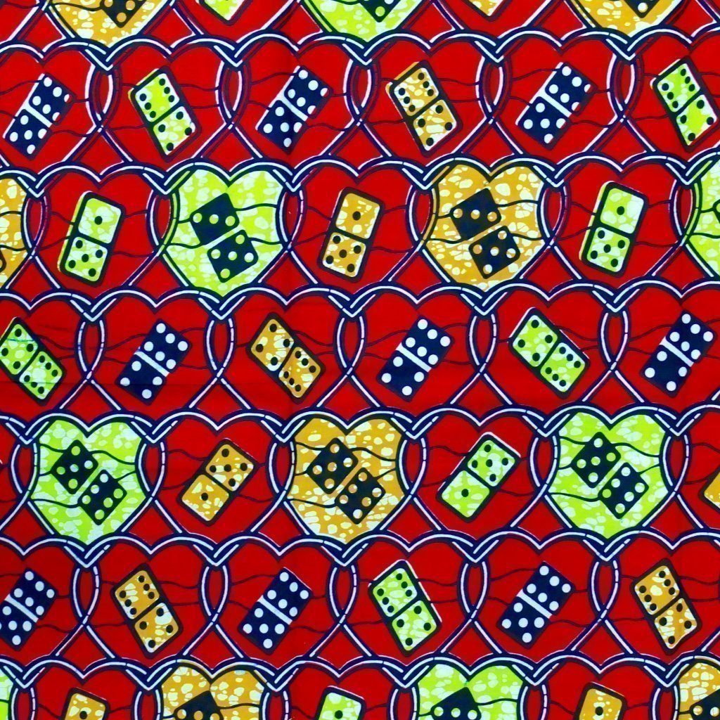 Tissu Wax Africain n°100 Rouge Cœurs et dominos bleus et verts