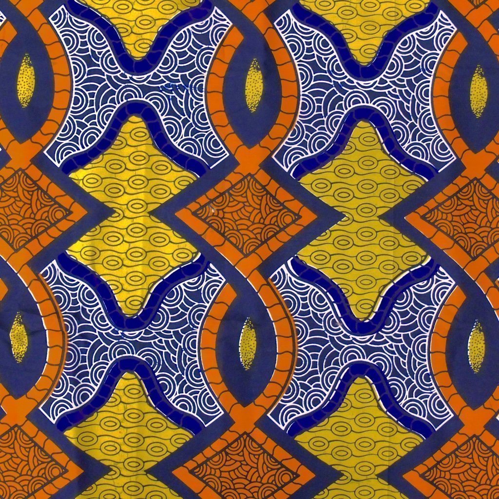 Tissu Wax Africain n°101 Blanc Motifs géométriques oranges, jaunes et violets