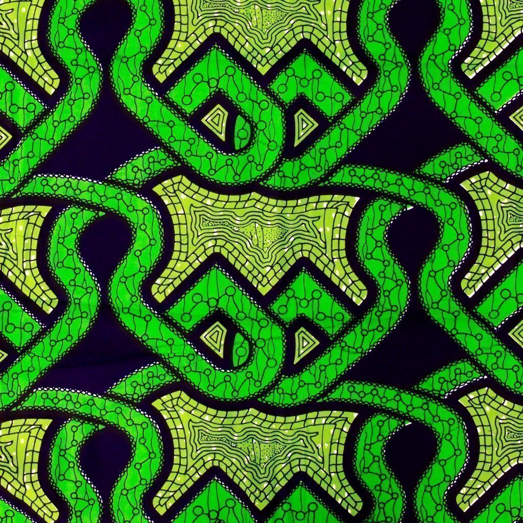 Tissu Wax Africain n°102 Bleu marine Motifs géométriques verts