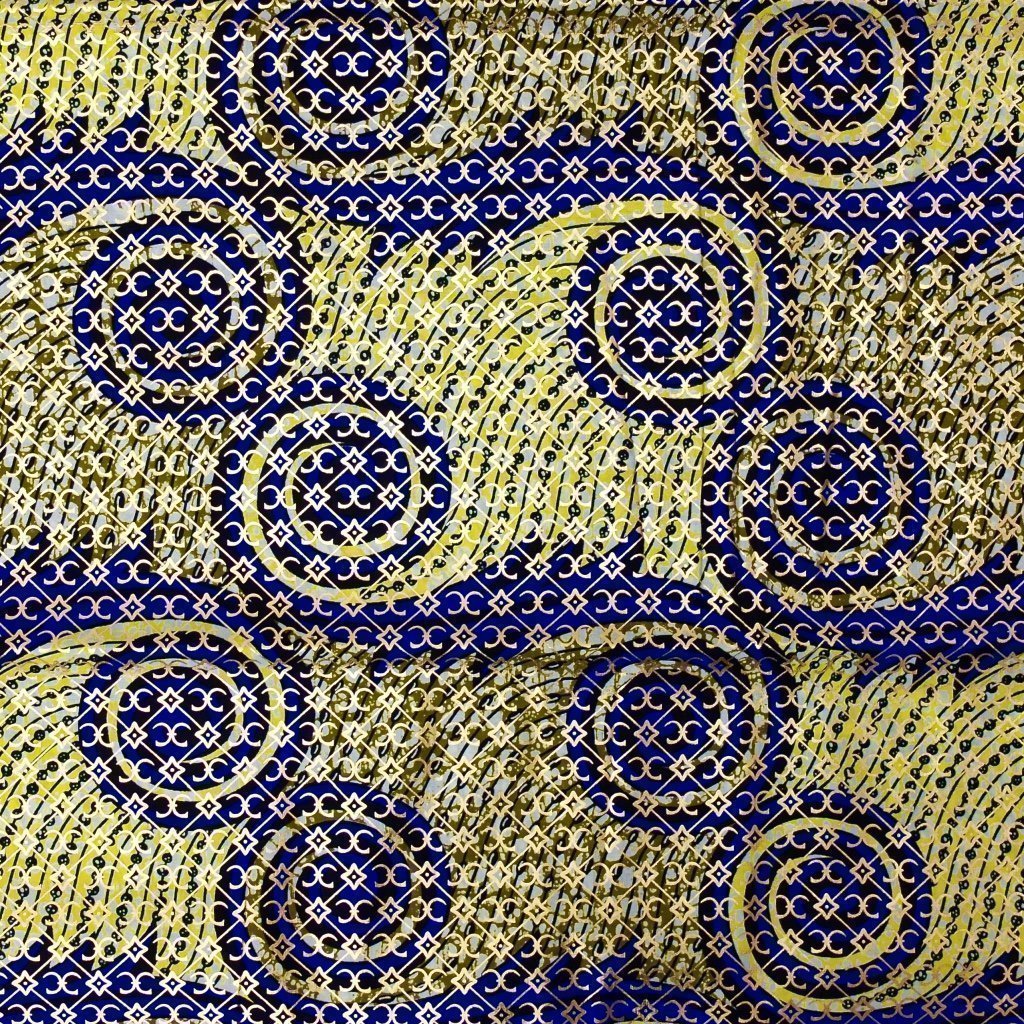 Tissu Wax Africain Lurex n°104 Jaune et marron Motifs géométriques bleus