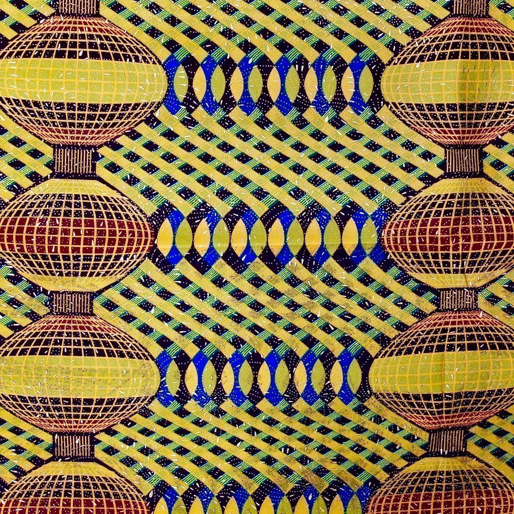 Tissu Wax Africain Lurex n°107 Jaune Motifs géométriques multicolors