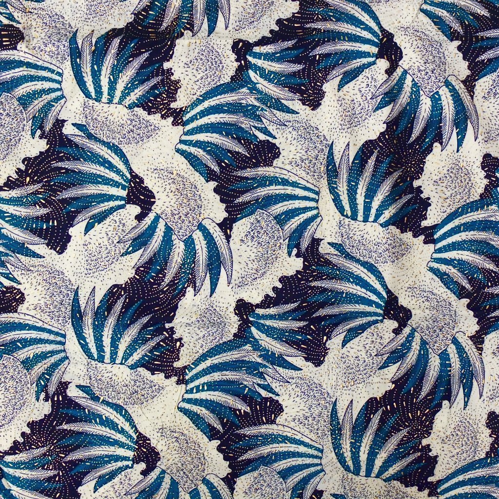 Tissu Wax Africain Lurex n°108 Blanc Feuilles bleus
