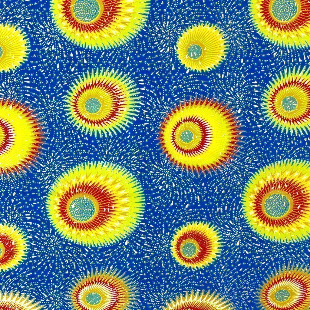 Tissu Wax Africain Lurex n°109 Bleu turquoise Soleils jaunes et verts