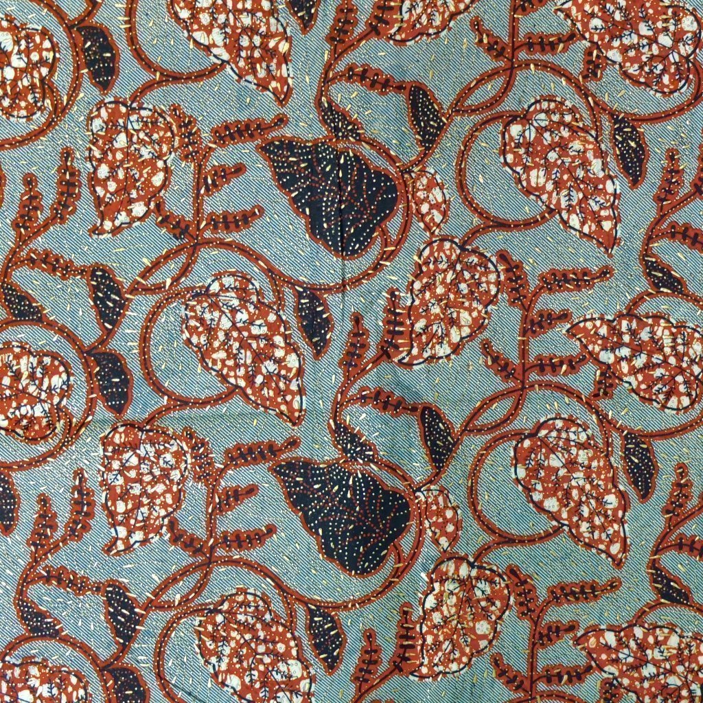 Tissu Wax Africain Lurex n°110 Blanc Feuilles rouges et noires