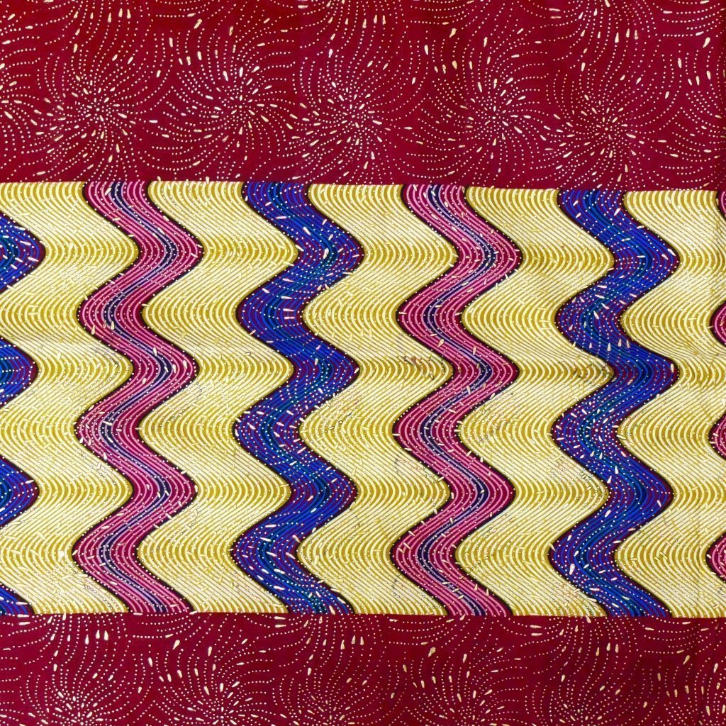 Tissu Wax Africain Lurex n°112 Bordeaux Motifs géométriques beiges, roses et bleus