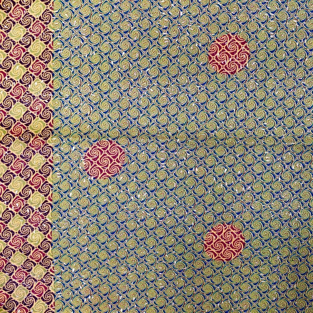 Tissu Wax Africain Lurex n°113 Bleu turquoise Motifs géométriques rouges