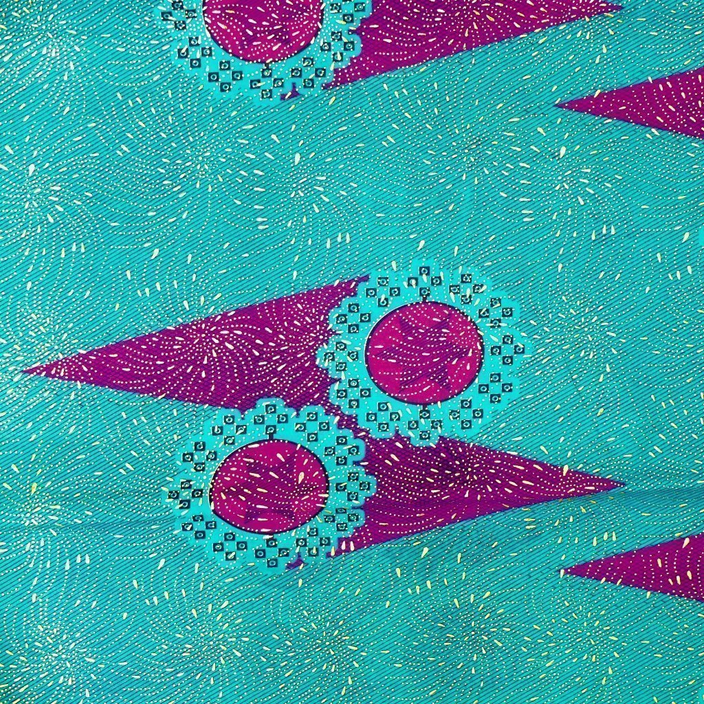 Tissu Wax Africain Lurex n°114 Bleu turquoise Motifs géométriques violet