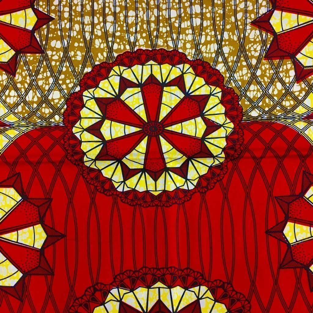 Tissu Wax africain N° 118 Vert kaki Motifs africain Rouges et jaunes