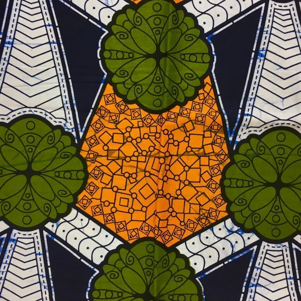 Tissu Wax africain N° 119 Bleu marine et blanc Motifs africain Jaunes et vert kaki