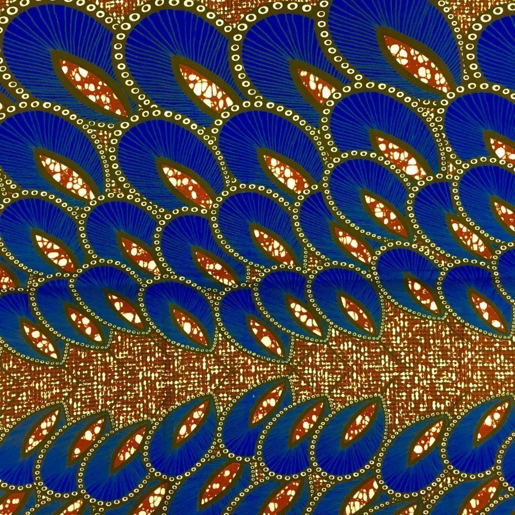 Tissu Wax africain N° 120 Marron et blanc Motifs africain Bleu roi