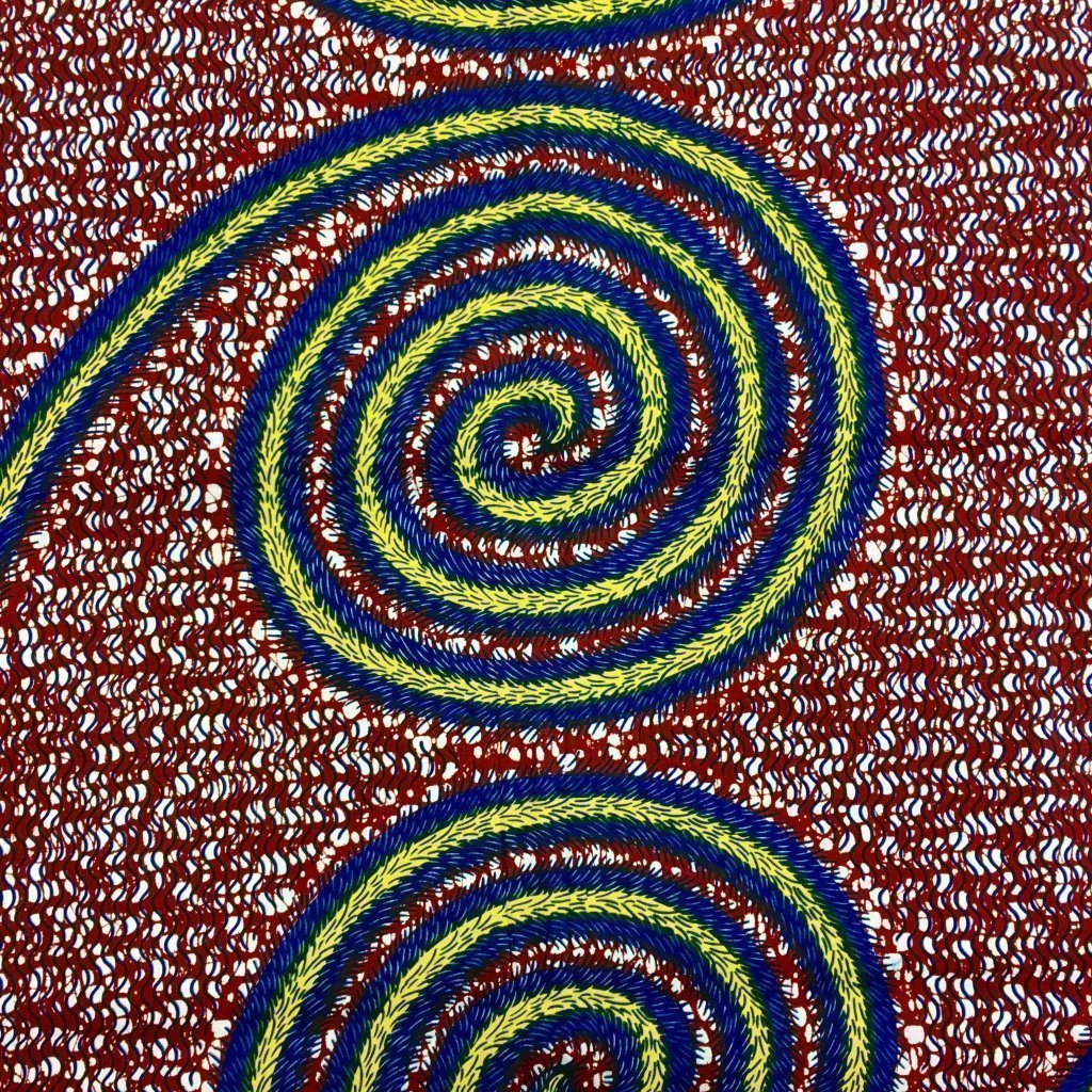 Tissu Wax africain N° 122 Marron Motifs africain Bleus et jaunes