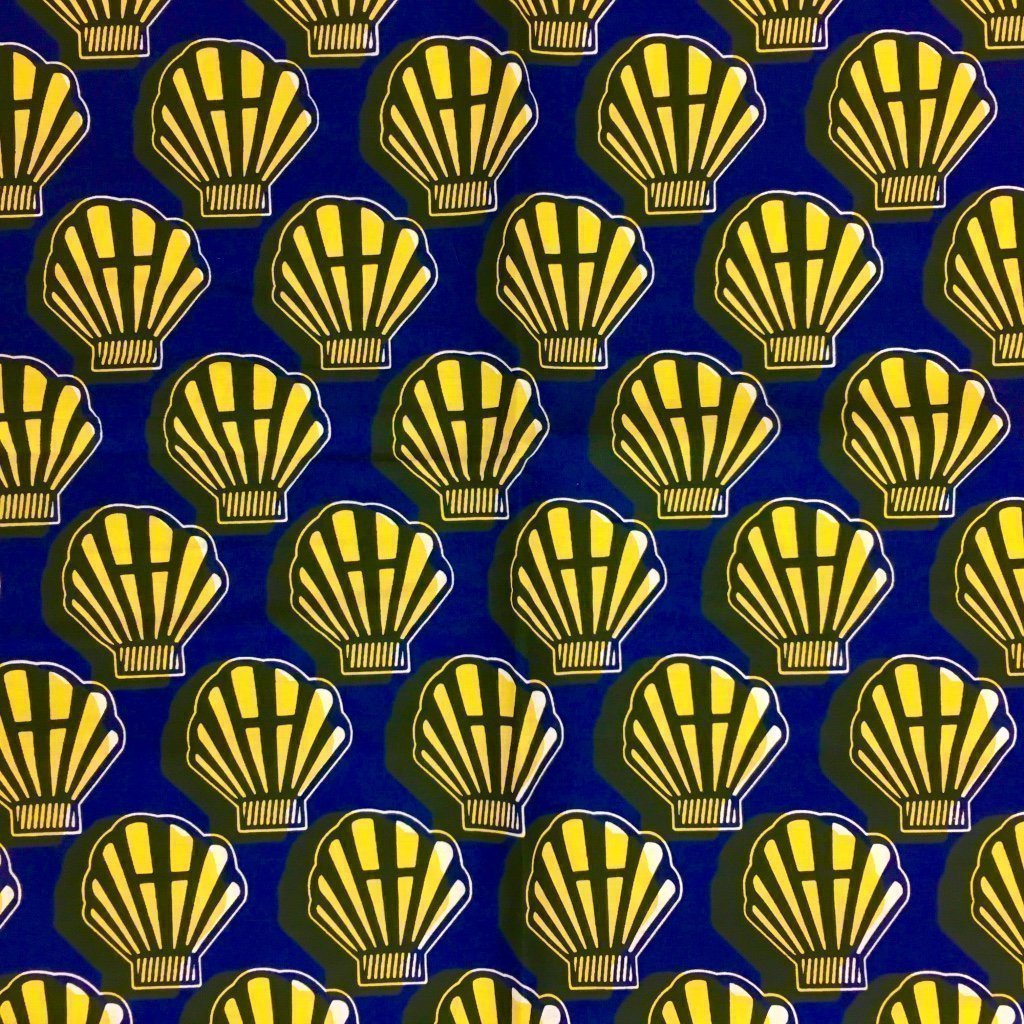 Tissu Wax africain N° 124 Bleu marine Coquillages Jaunes