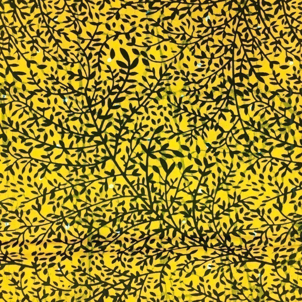 Tissu Wax africain N° 126 Jaune Feuilles Bleu marine