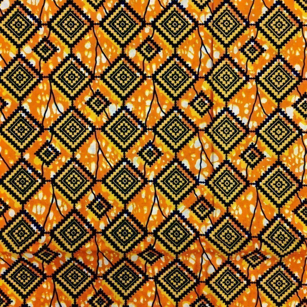 Tissu Wax africain NA° 127 Orange Motifs africain Jaunes