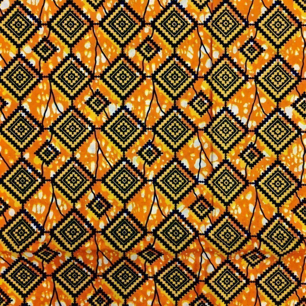 Tissu Wax africain N° 127 Orange Motifs africain Jaunes