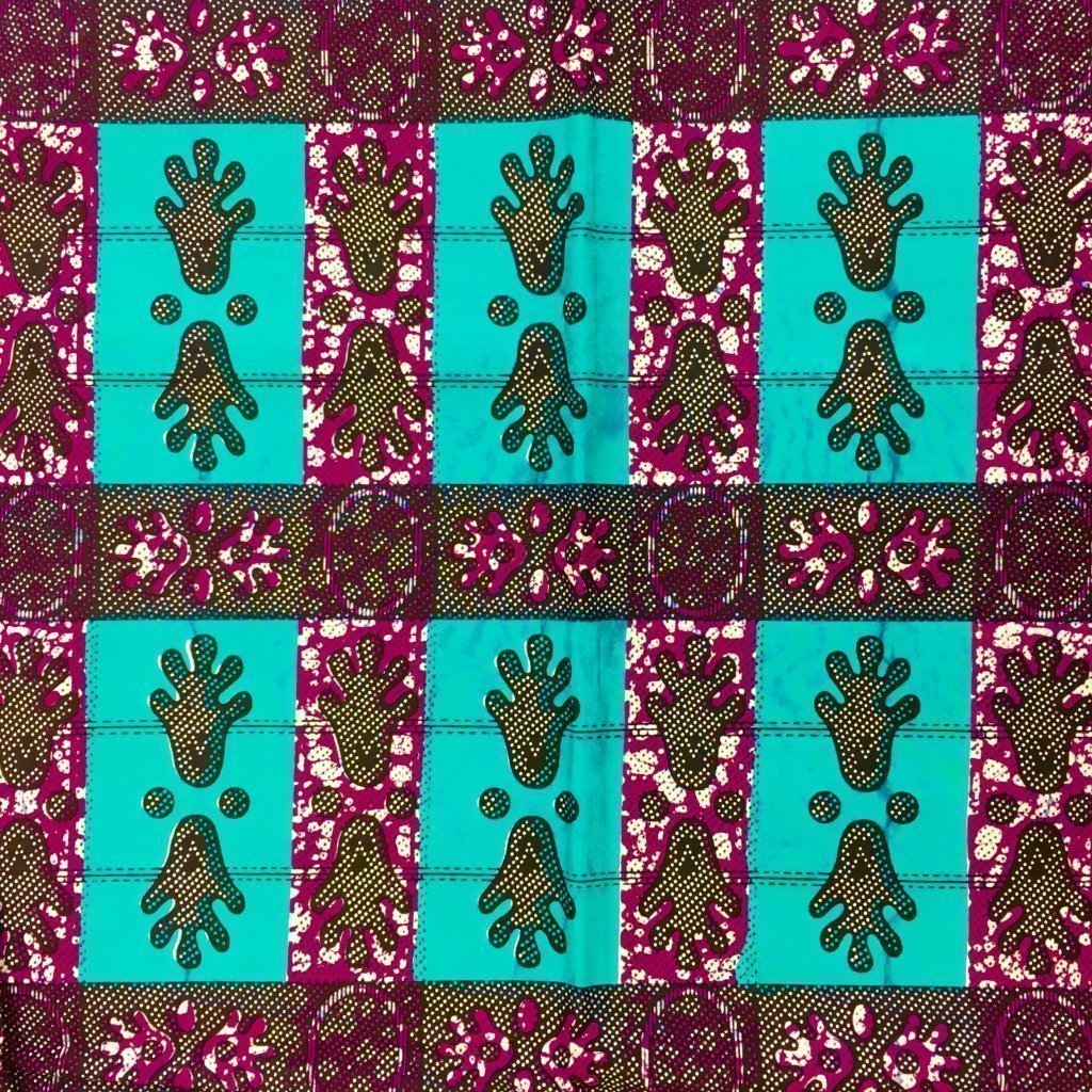 Tissu Wax africain N° 128 Bleu turquoise Motifs africain Noirs et violets