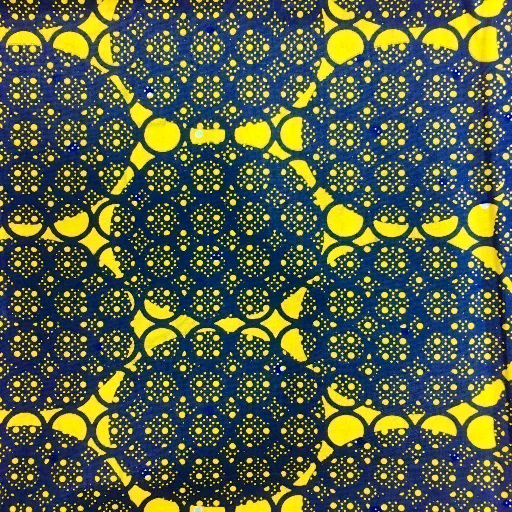 Tissu Wax africain N° 129 Jaune Motifs africain Bleu marine