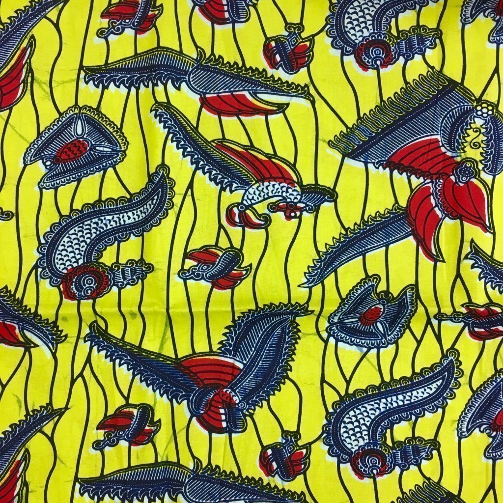 Tissu Wax africain N° 132 Jaune Motifs africain Bleu marine et rouges