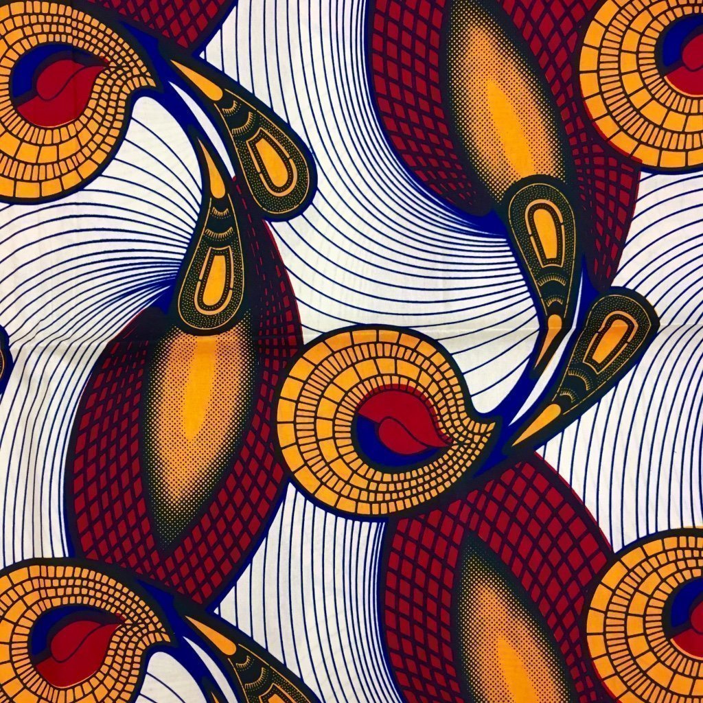 Tissu Wax africain N° 133 Blanc Motifs africain Rouges et jaunes