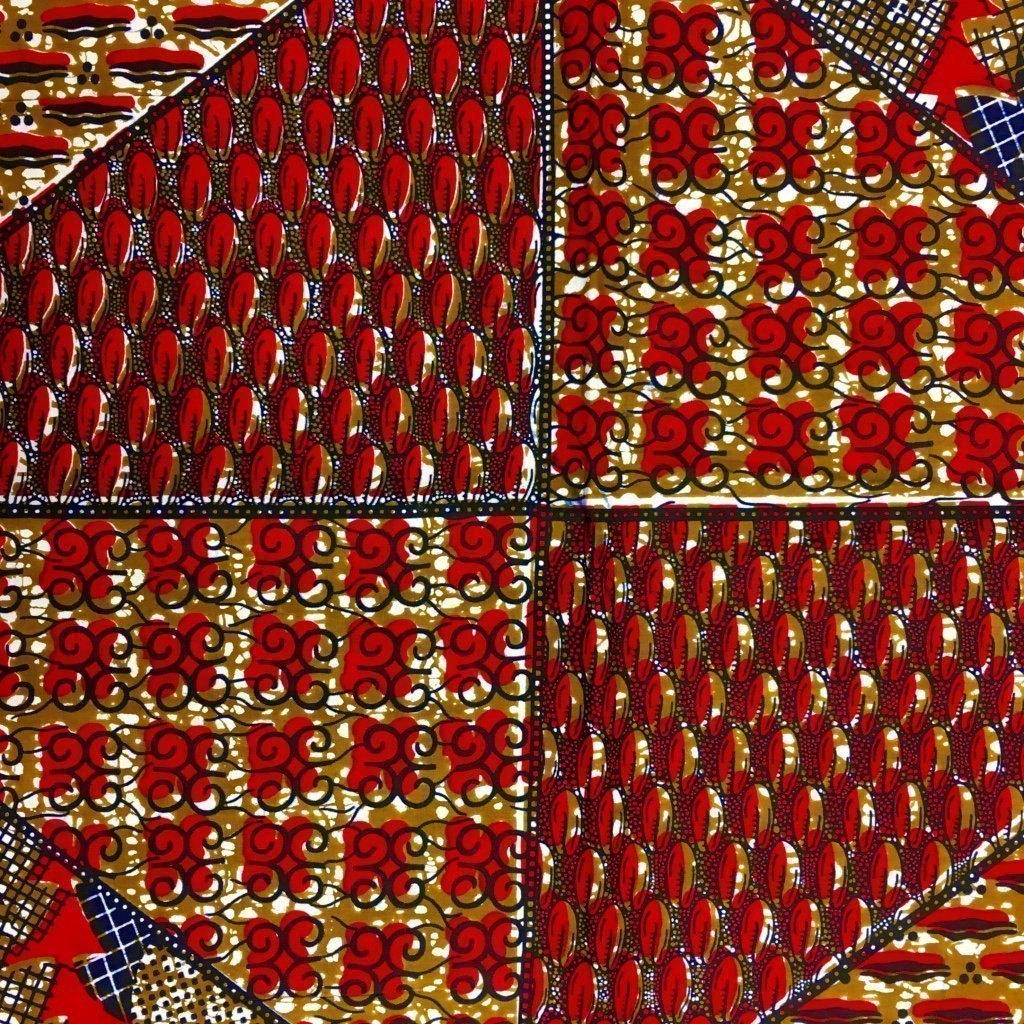Tissu Wax africain N° 135 Marron Motifs africain Rouges