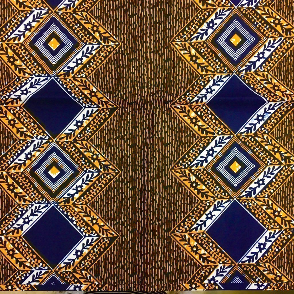 Tissu Wax africain N° 136 Jaune Motifs africain Bleu marine et blancs