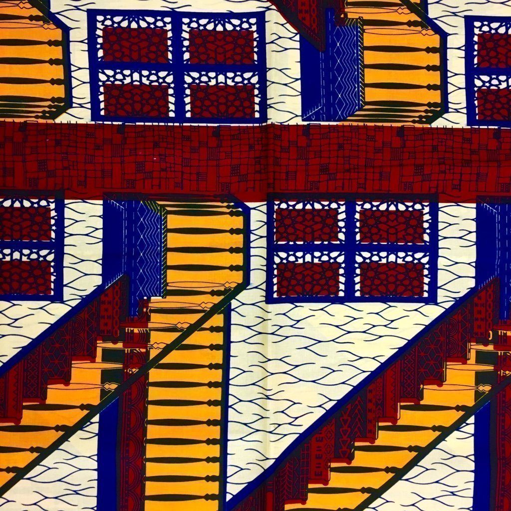 Tissu Wax africain N° 137 Blanc cassé Motifs africain Rouges et jaunes