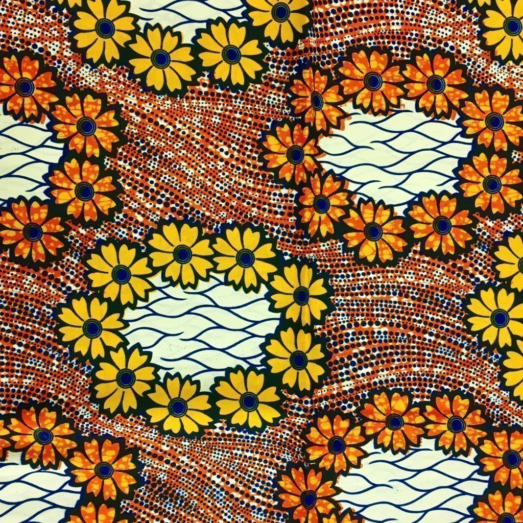 Tissu Wax africain N° 138 Orange Fleurs Jaunes