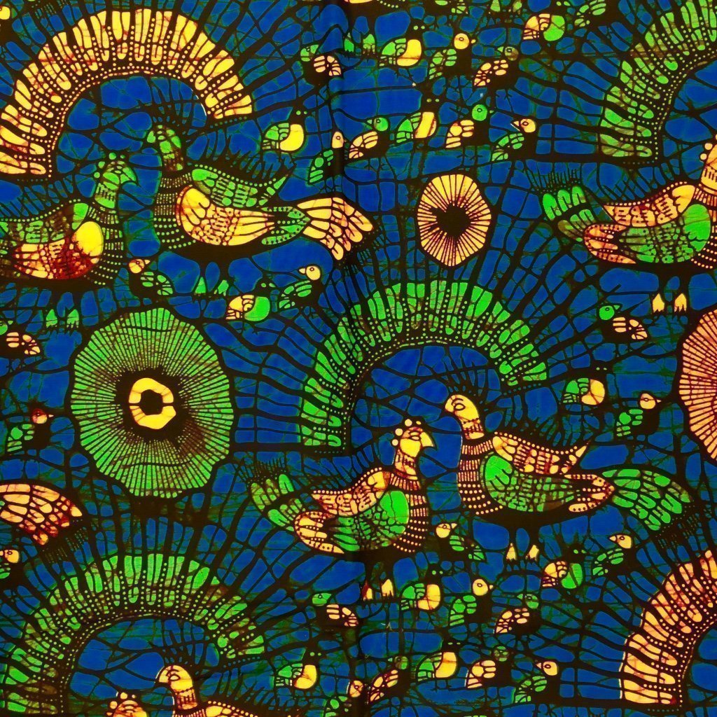 Tissu Wax africain N° 141 Bleu turquoise Oiseaux Verts et jaunes