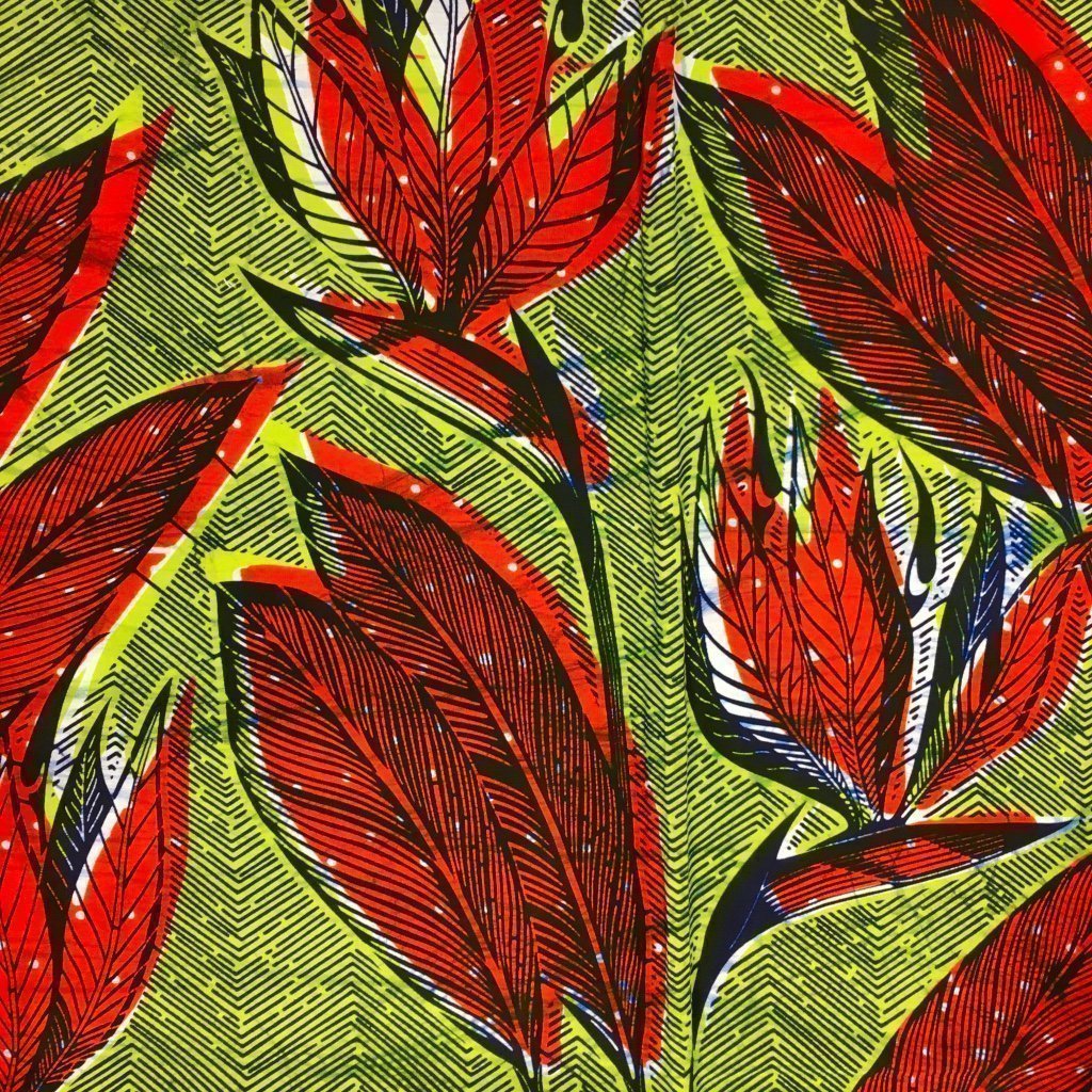 Tissu Wax africain N° 142 Jaune Feuilles Oranges