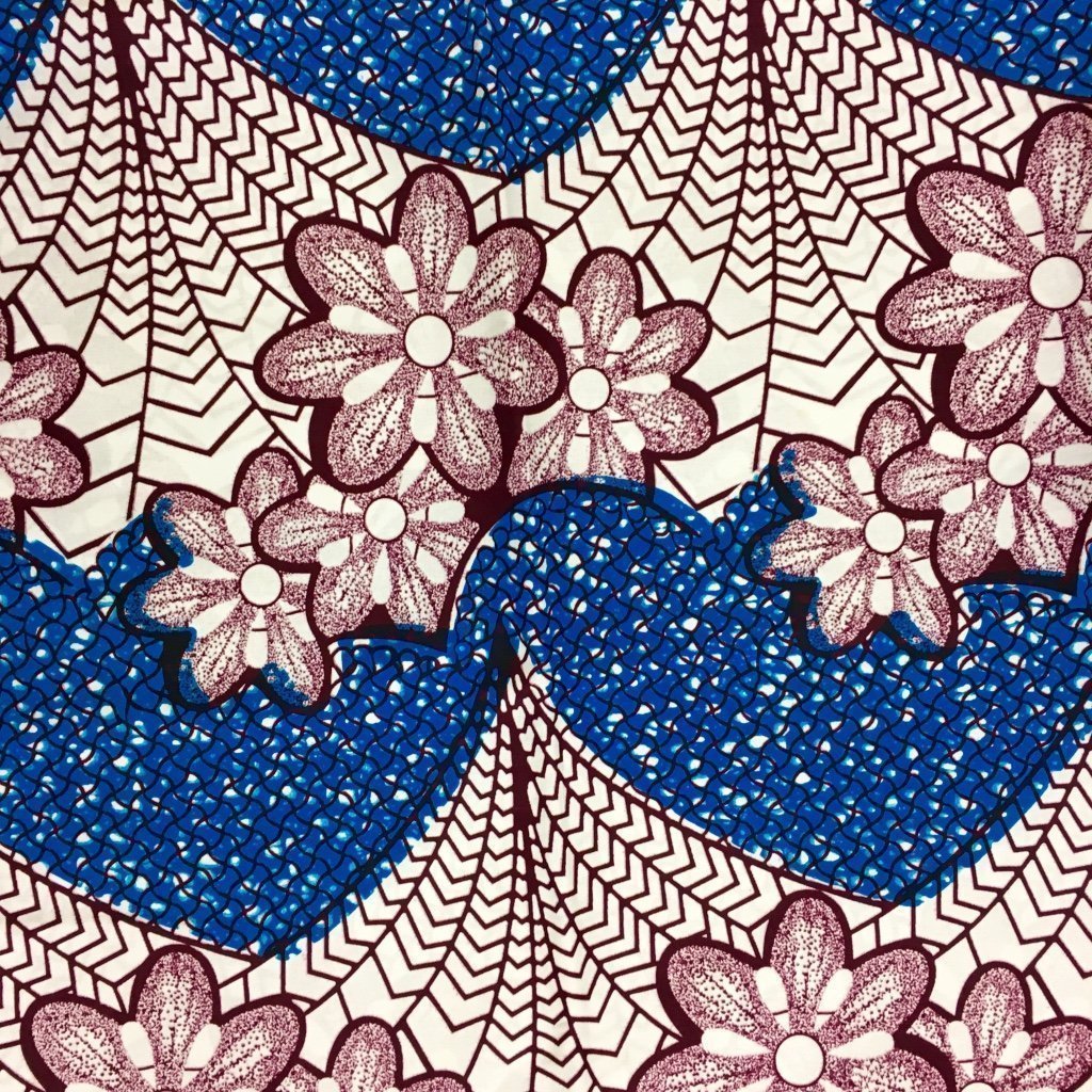 Tissu Wax africain N° 144 Bleu turquoise Fleurs Blanches