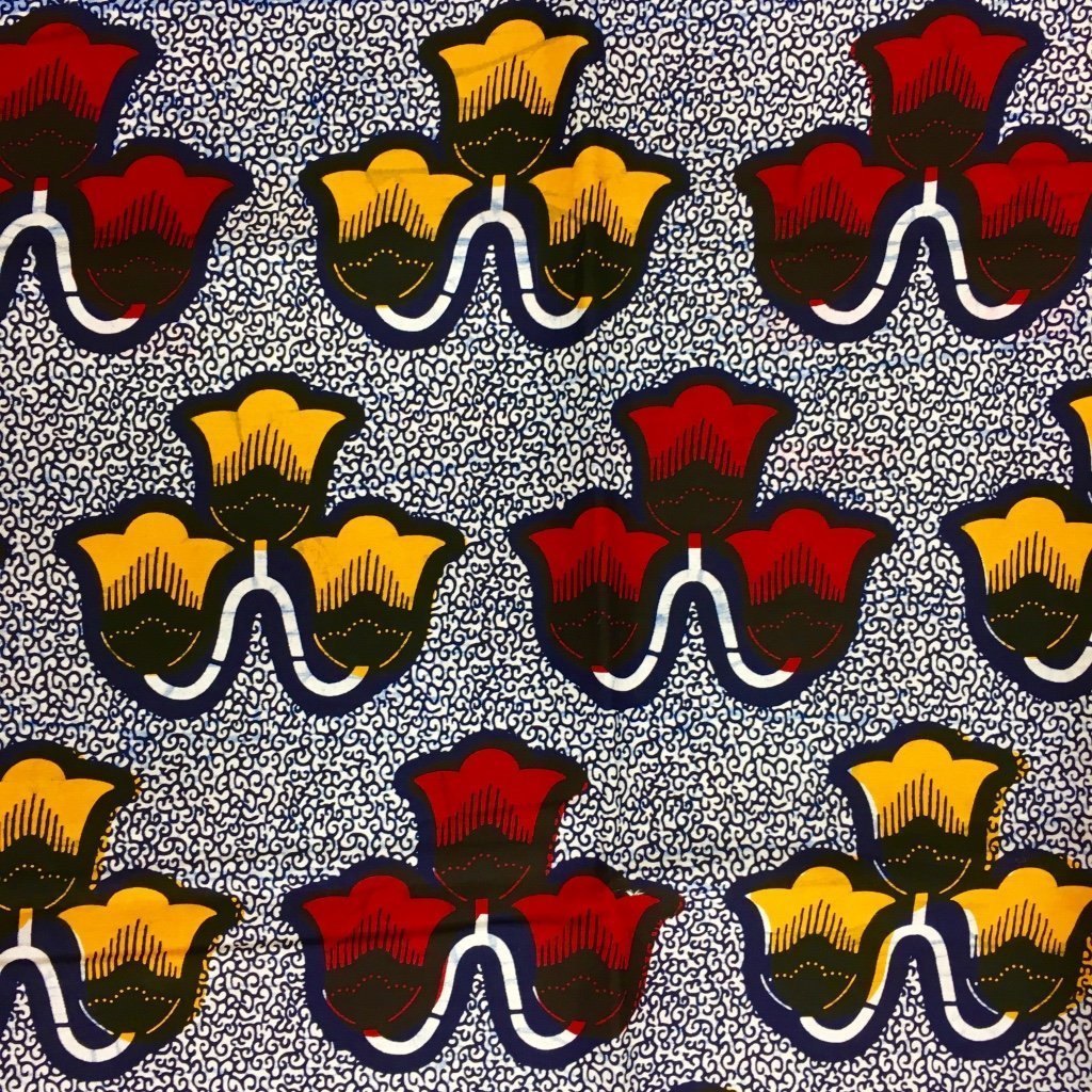 Tissu Wax africain N° 145 Blanc Fleurs Jaunes et rouges