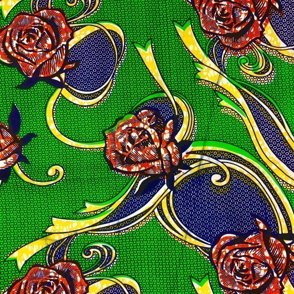 Tissu Wax africain N° 147 Bleu et vert Fleurs Oranges