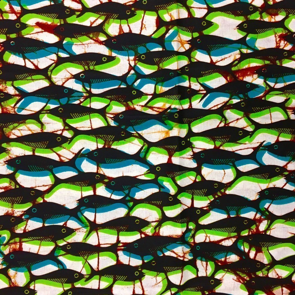 Tissu Wax africain N° 148 Vert et bleu Poissons Noirs
