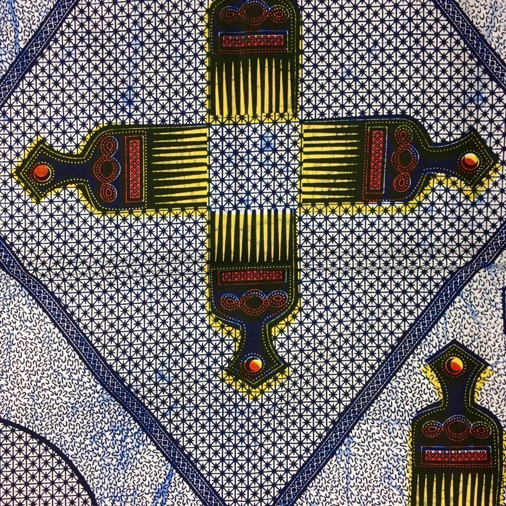 Tissu Wax africain N° 149 Blanc Motifs africain Jaunes