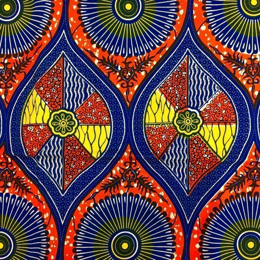 Tissu Wax africain N° 151 Bleu marine Motifs africain Oranges et jaunes