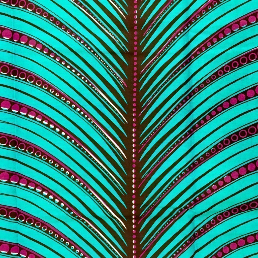 Tissu Wax africain N° 153 Bleu turquoise Motifs africain Violets et noirs