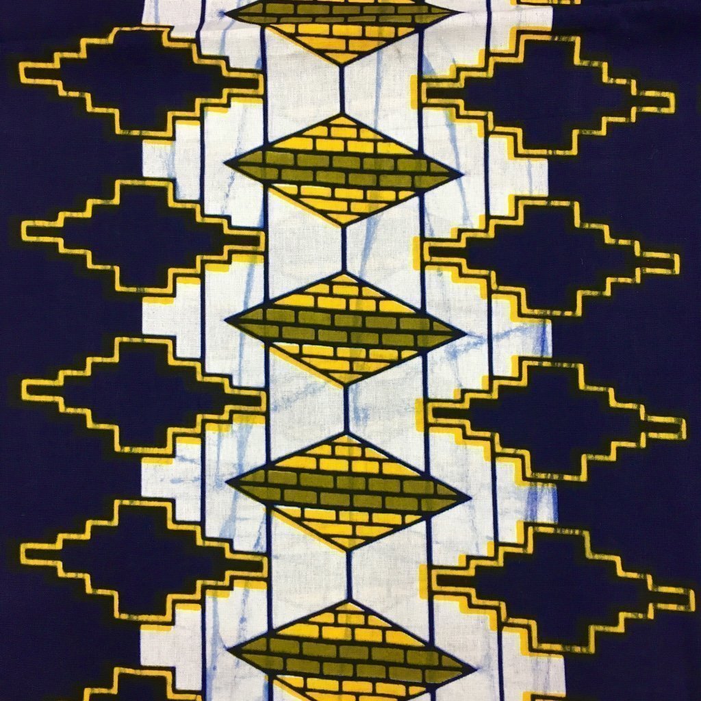 Tissu Wax africain N° 154 Bleu marine Motifs africain Jaunes