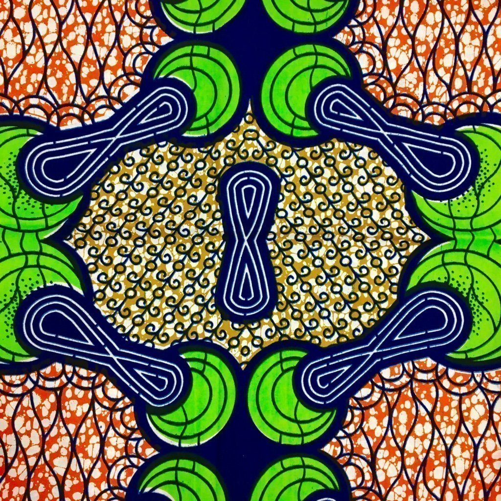 Tissu Wax africain N° 155 Orange Motifs africain Verts